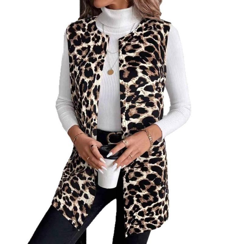 Damen S Leo-Print V-Ausschnitt Pullover Mittellanger Mantel