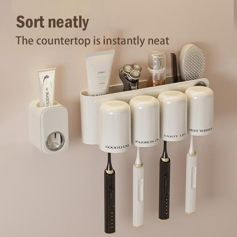Toothbrush Toothpaste Storage Rack 4 Grid Multiple People No Punching Required Wall Mounted Family Gargle Cup Toilet Supplies