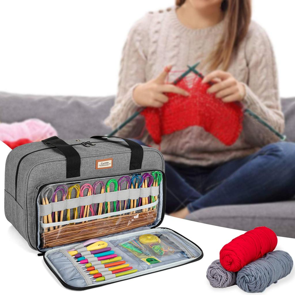 CURMIO Knitting Holds Knitting Circular Crochet and Unfinished A Knitting Tote Bag for and A Great Bag Gray Bag, Yarn, Needles, Needles, Hooks,