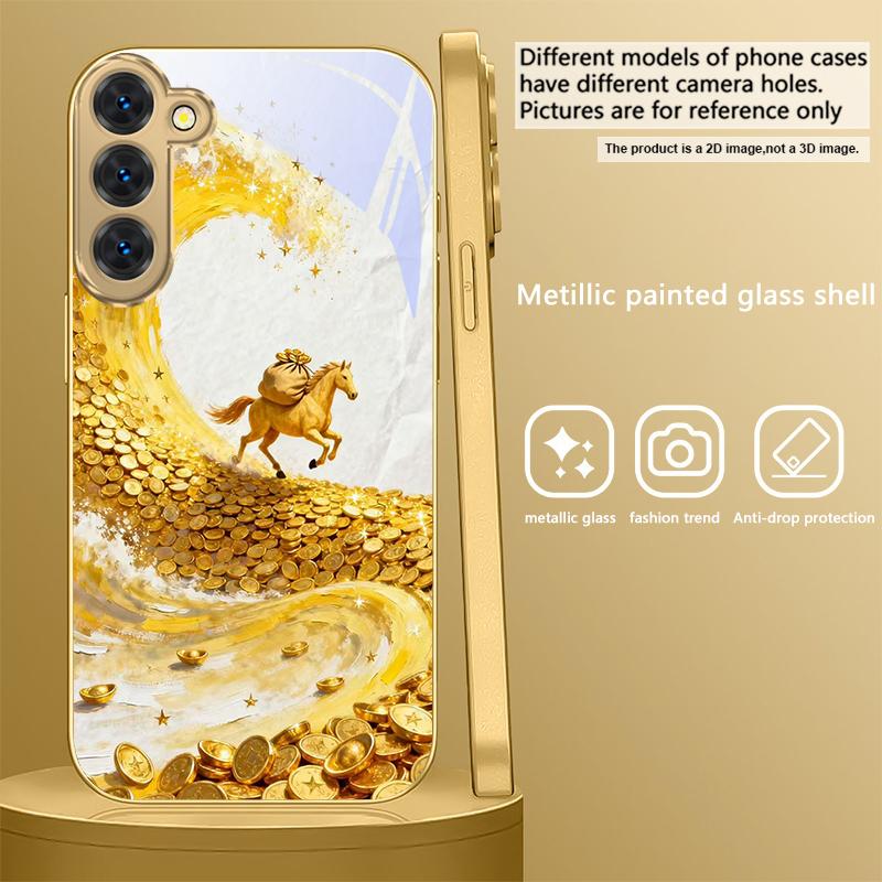 Golden Galloping Horse For Samsung Galaxy S20 FE S21 S22 S23 Plus S24 Ultra S25Ultra S21+ S9+ S22Plus Golden Glass Phone Case
