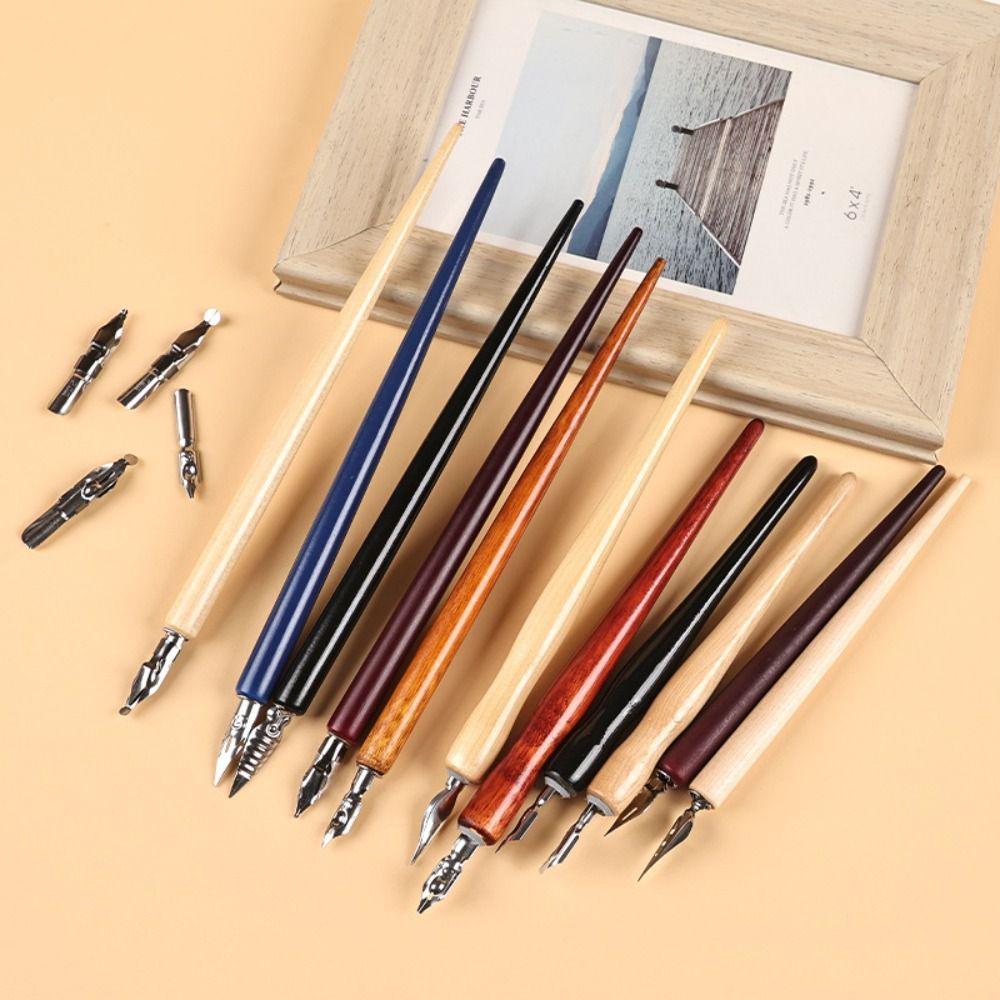 1pcs Wooden Rod Dip Pen Stainless Steel Tip Signature Pen Multi-functional English Pen Students