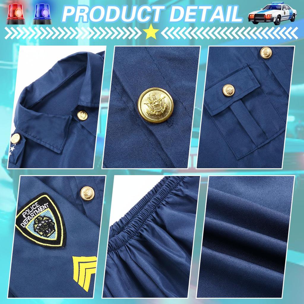 Police Costume for Police Officer Uniform Halloween Policeman Kids Tops Pants Hat Sunglasses Belt Tie Toy Baton Handcuffs Walkie Talkie Police