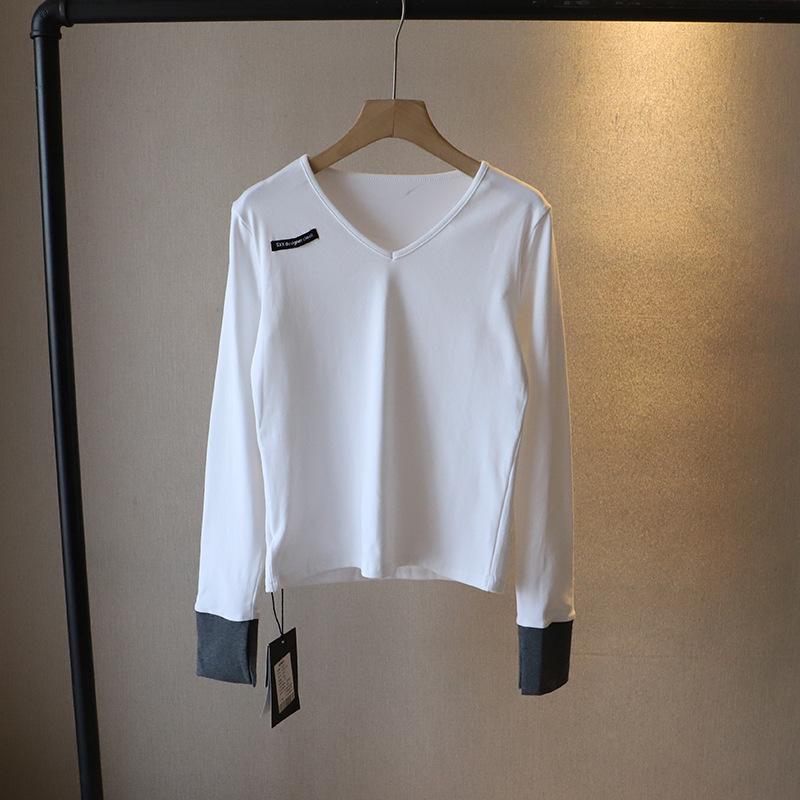 

2025 Spring Women s V-Neck Long Sleeve Color Block Patchwork T-Shirt - Influencer Waterfall Style One Size білий