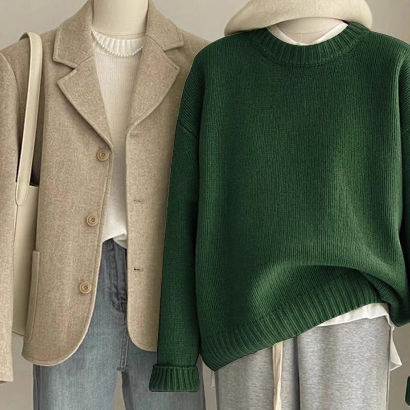 Autumn and Winter Women Soft Waxy Round Neck Cashmere Sweater Women's Loose Sweater Autumn and Winter Short Base Sweater