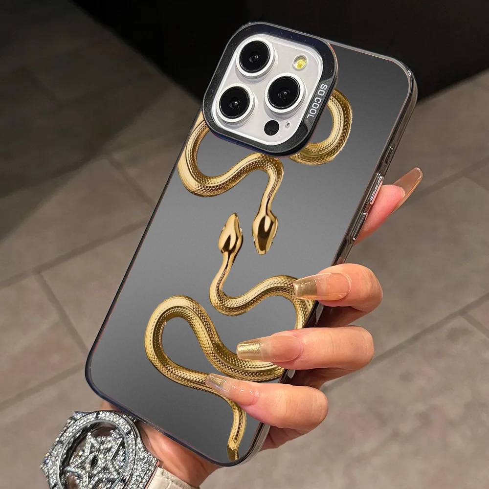 Stylish Black S-Snake Print Phone Case For iPhone 17,16,15,14,13,12,11 Plus,Pro Max,XS,Colored Silver Plated Inside Cover