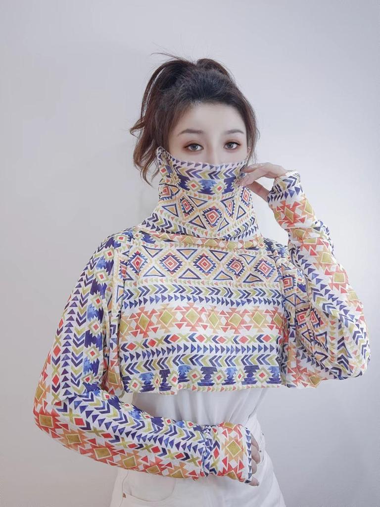 Women's UV Protection Shawl with Integrated Long-Sleeve Covers and Face Mask for Sun Protection