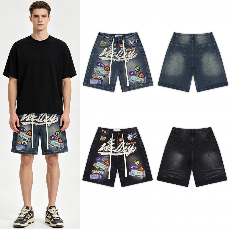 Pantaloncini in Denim Vale Retro con Lettere Ricamate Dettaglio Strass Lavaggio Usurato Lunghezza 5/8 Vestibilità Larga
