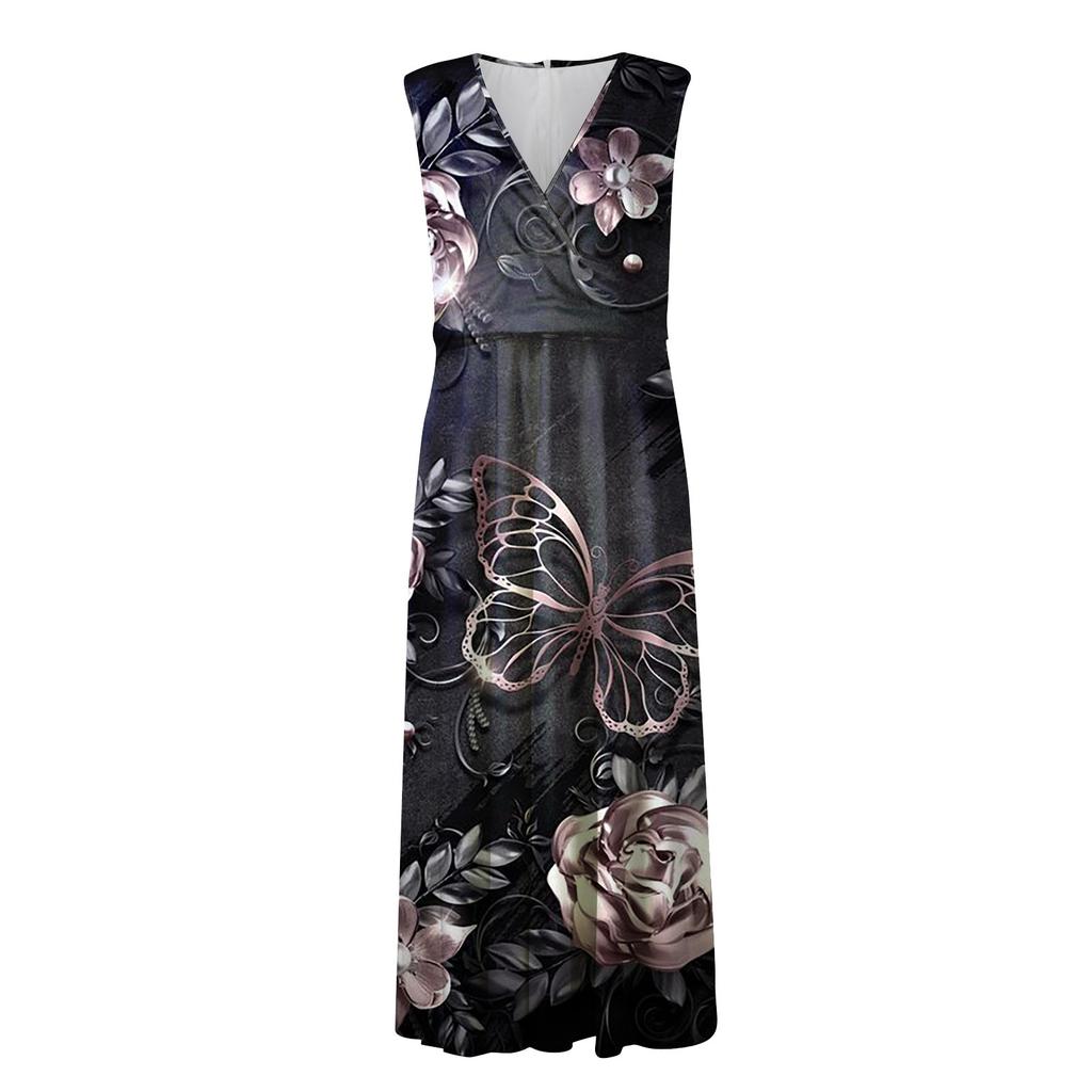 Damska długa sukienka Maxi Sukienka Casual Dress Letnia swobodna sukienka bez rękawów z dekoltem w szpic Boho z obniżoną talią i nadrukiem