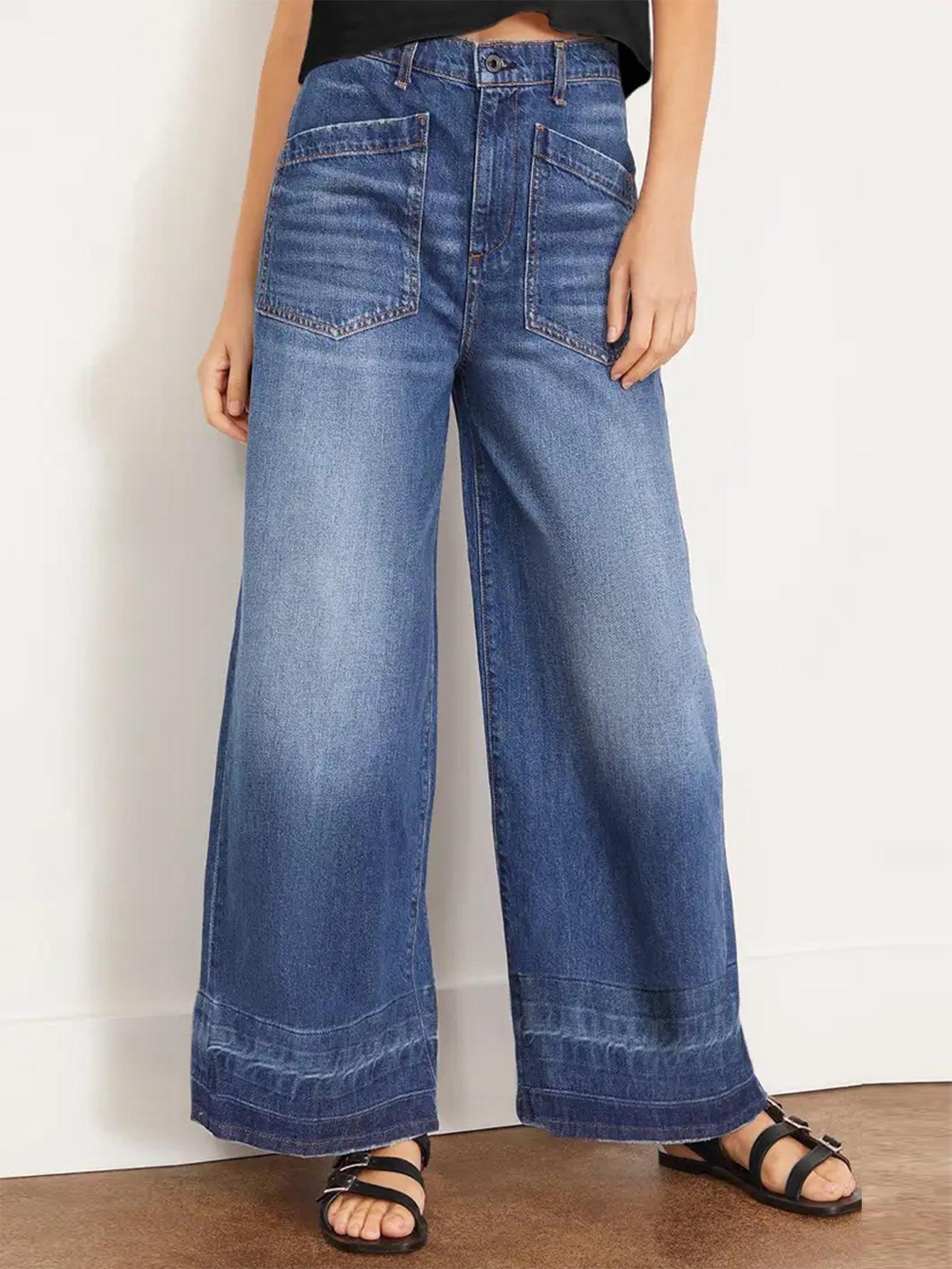 2024 Women s Casual Patchwork Pocket Wide Leg Denim Pants XL синий