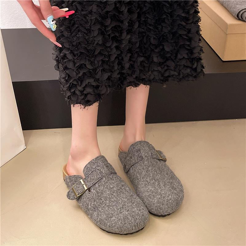 Platform-soled Birkenstock Shoes, Woolen Bag Head, Half Slippers, Women's Outer Wear 2025 Spring and Autumn New Belt Buckle Slippers