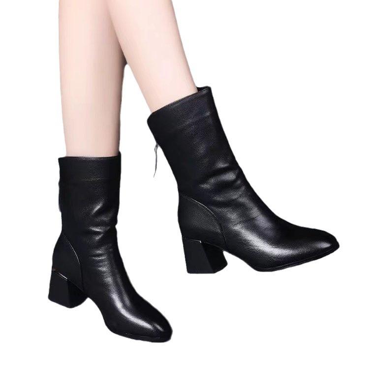 Women's Shoes 2026 Autumn/Winter Fashion Classic Coarse Heel Middle Top Boots Leather Boots High Heel Women's Boots