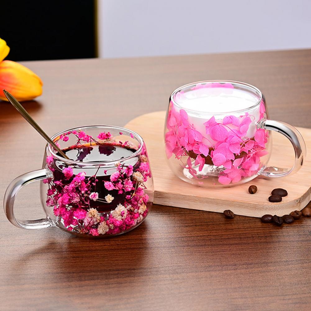 Double Wall Glass Coffee Mugs Set of 4 High Borosilicate Insulated Cups with Colorful Petal Design for Tea