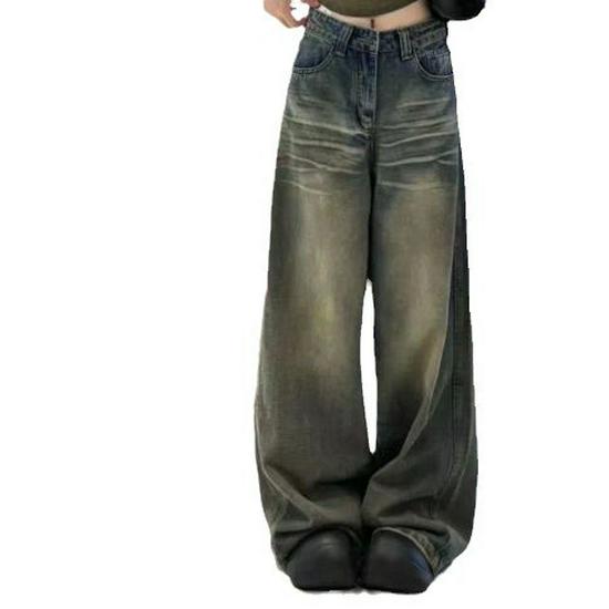 Women's Vintage High Waist Wide Leg Blue Denim Jeans - Retro Wash, Loose Floor-Length Style