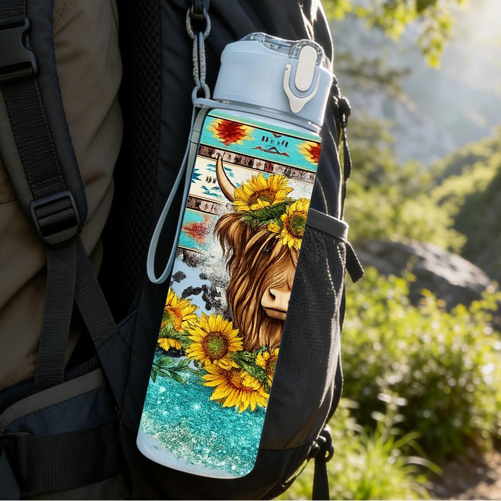 1PC Sunflower Highland Cow Farm Print 750ml Color Plastic Sports Water Bottle Leakproof Flip Straw Lid Suitable for Sports Office Home Use