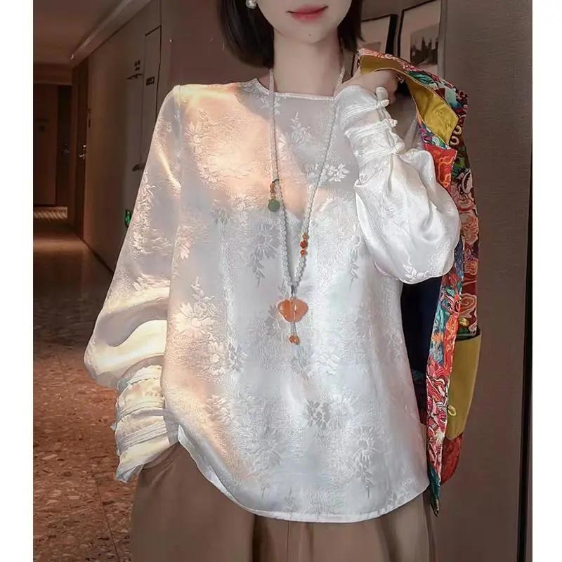 

Женская белая жакардовая атласная блузка с длинным рукавом, круглым вырезом, свободный повседневный топ L белый