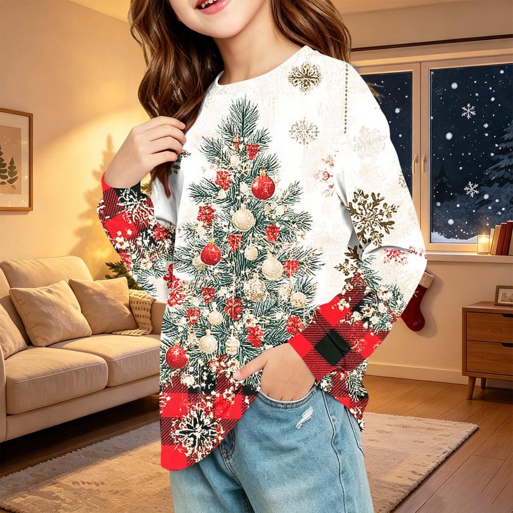 Children's Christmas Print Long Sleeve Neck Shirt with Pocket for Boys and Girls