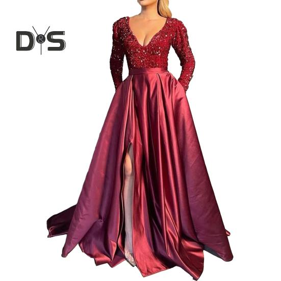

Женское вечернее платье с глубоким вырезом V-образным вырезом, блестящими пайетками, обтягивающее, с высокой талией, разрезом по низу, А-силуэт, большое качеля, длиной до пола, атласное, выпускное, свадебное, вечернее, женское платье макси L вино красного