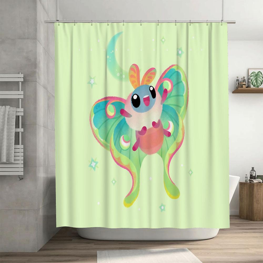 Cute Moth Shower Curtain Anime Bathroom Decor Nature Forest Woodland Wall Art Home Decor Japanese Style Washroom Fabric