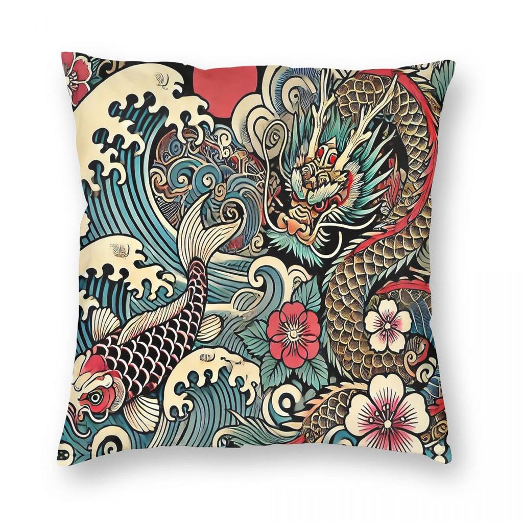 Federa Cuscino Irezumi Giapponese Drago Carpa Poliestere Lino Velluto Fantasia Zip Decorativa Federa Cuscino da Divano Copricuscino da Letto