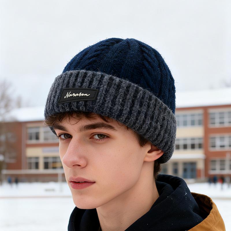 Winter Thick Knitted Hat men's Warm Retro College Style Wool Solid Color Wool Hat