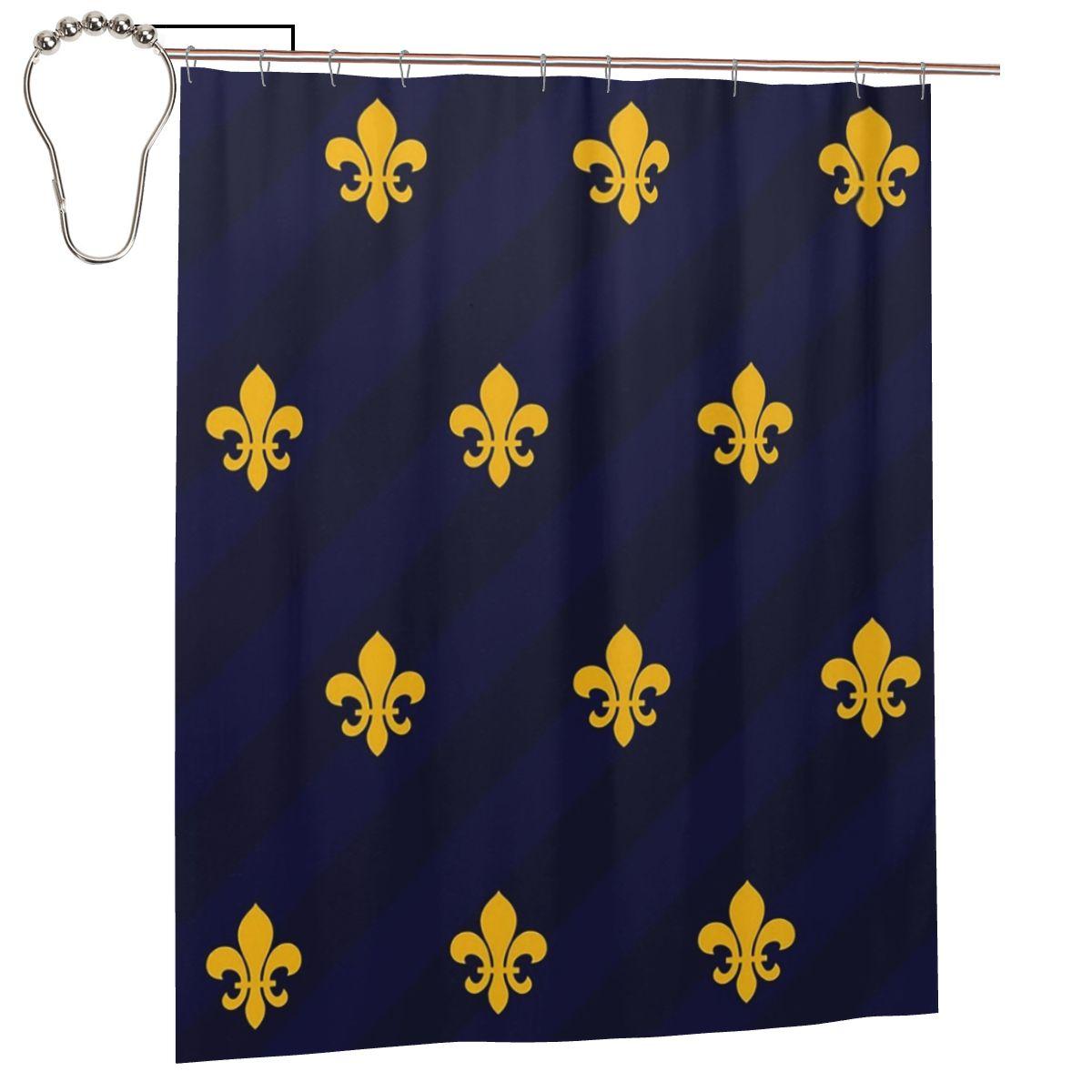 Fleur De Lys Gold Blue Shower Curtain Bathroom Polyester Waterproof Bath Curtains With Hooks W60H190(CM)-1 Pcs