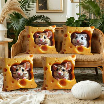 Cute Mouse In Cheese  Cushion Cover Pillow Case Plush Fabric Soft Double Sided Print Sofa Cushion Cover Throw Pillow Covers