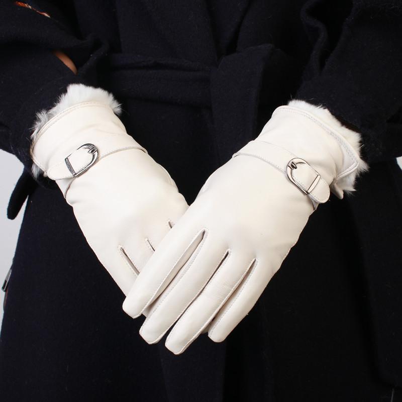 Female Rabbit Fur mouth Women's Dirtbike Rider Riding Gloves Velvet Winter Warm Genuine Leather Sheepskin Thermal Driving Items