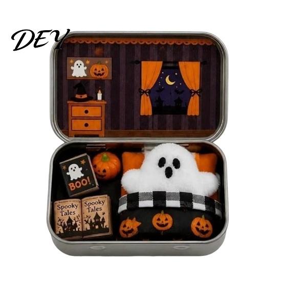 Festive Desktop Ornament Mini Ghost Tin Box Set, Little Pocket Cute in A Box, Kids Halloween Party Favor Miniature Scene Spooky Decor, Gifts for Boys