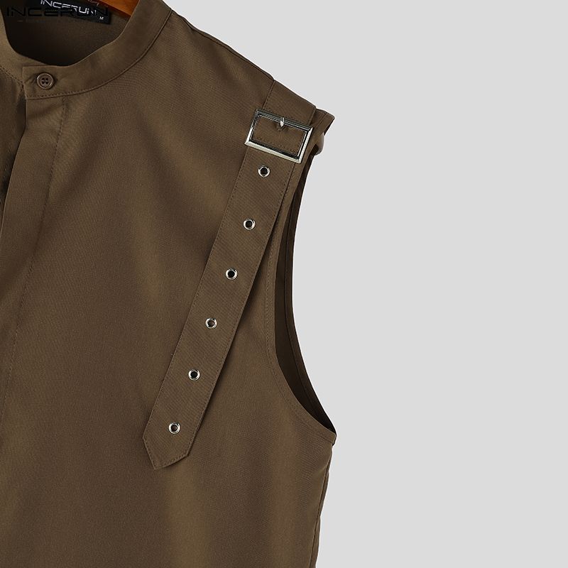 INCERUN Oversized Men Stand Neck Sleeveless Buttons Casual Loose Tank Tops