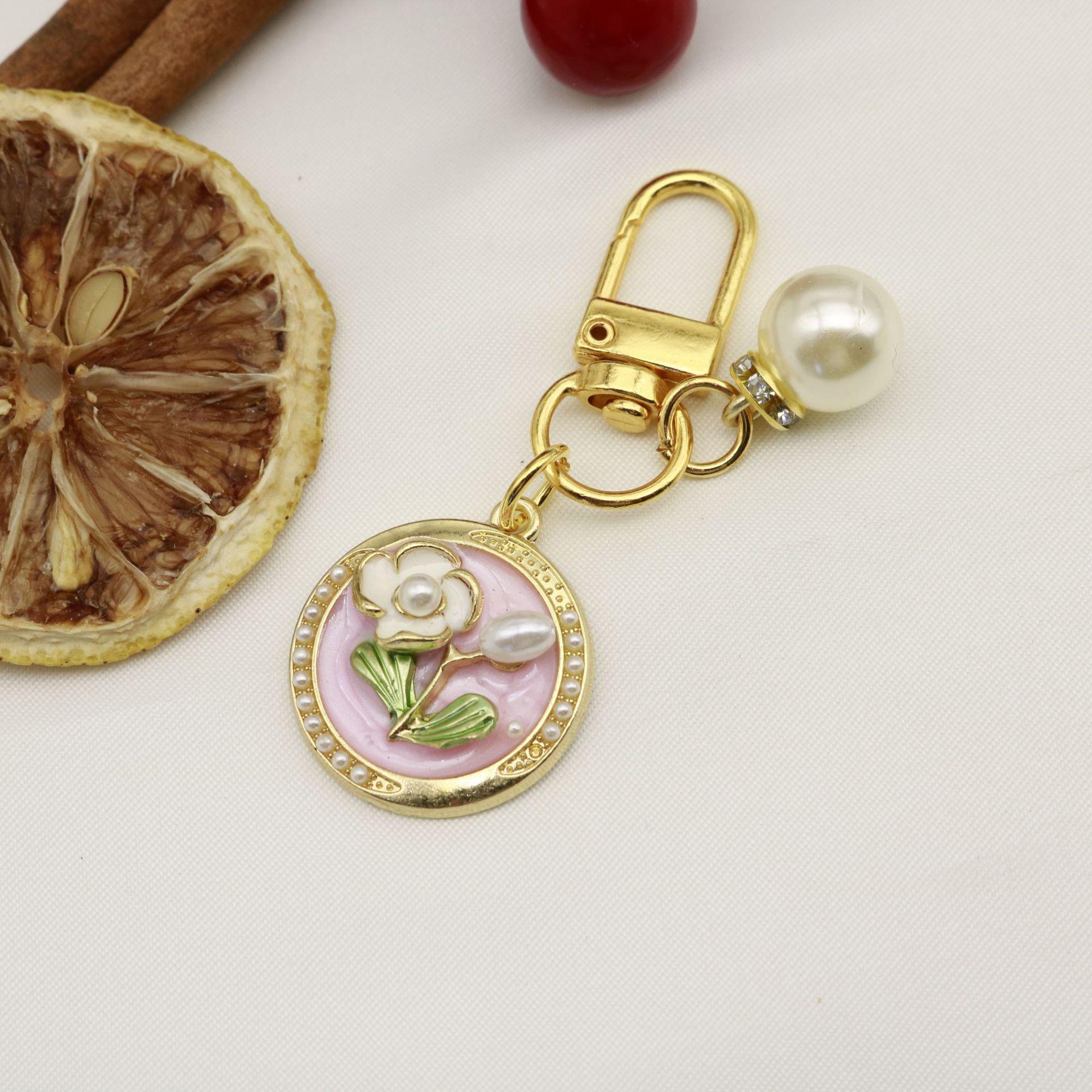 French Vintage Enamel Keychain with Monet Garden Floral Design