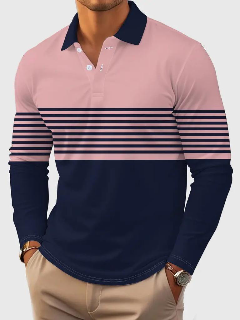 Men's Long Sleeve Striped Polo Shirt, Casual Comfortable Daily Wear