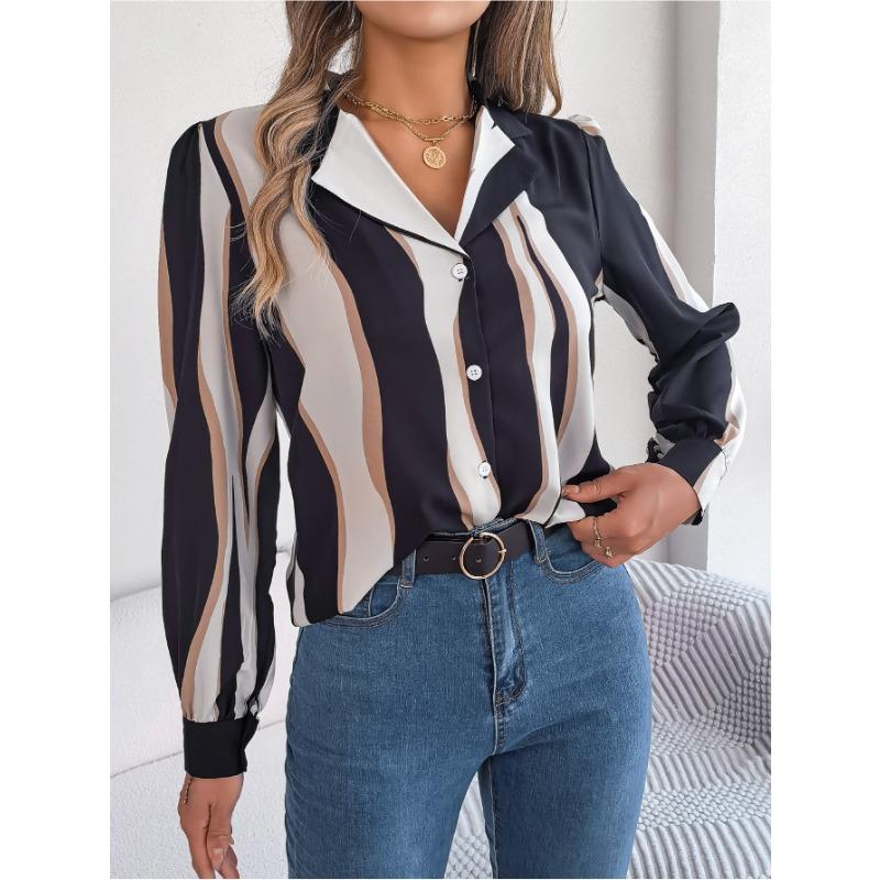 

VEZFAA Женская мода Повседневная Весна Осень Цветные Блоки Принт Длинный рукав Поло Воротник Блузки и рубашки S чёрный