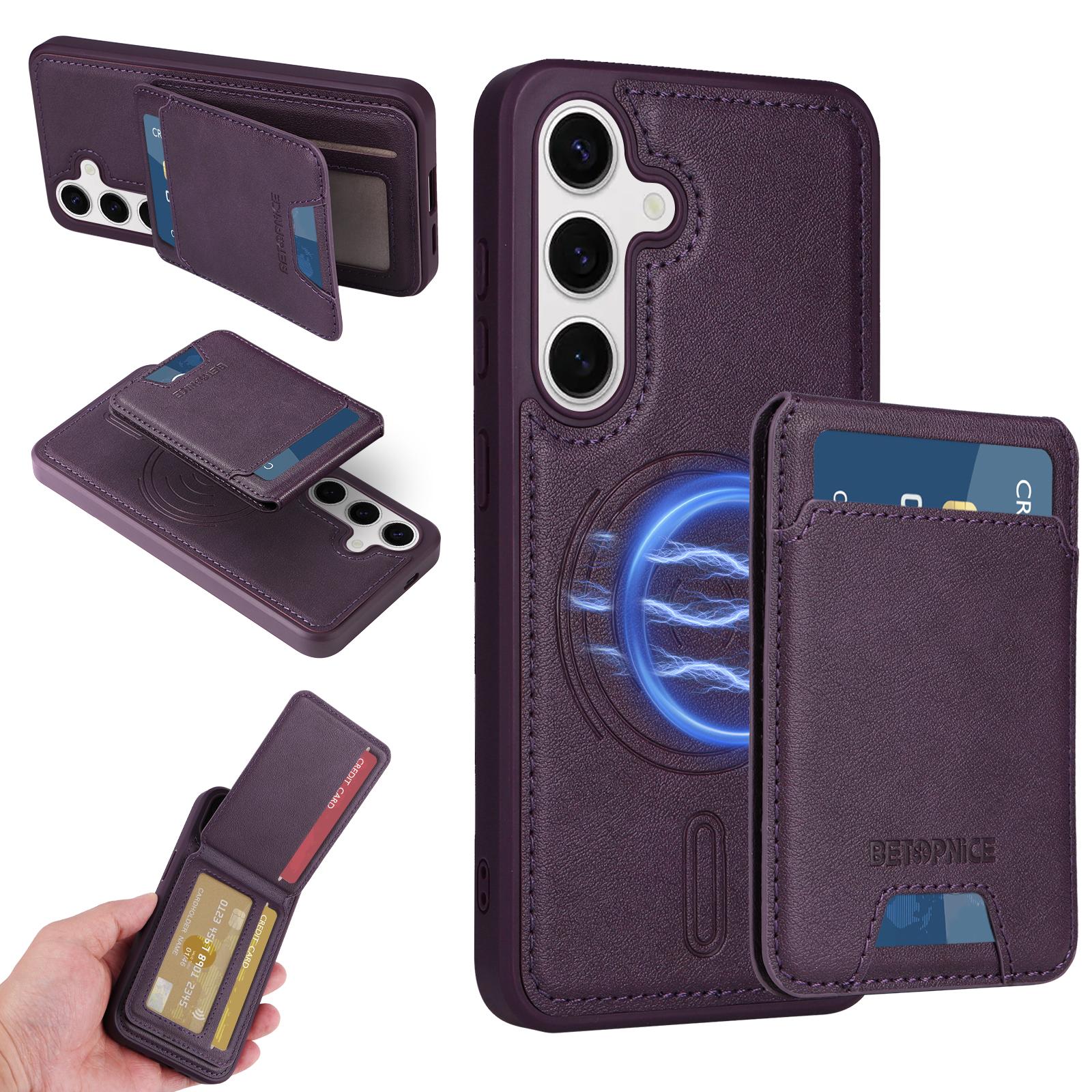 

For Samsung Galaxy S24 Magnetic Case BETOPNICE RFID Blocking Leather Phone Back Cover with Detachable Card Bag Purple