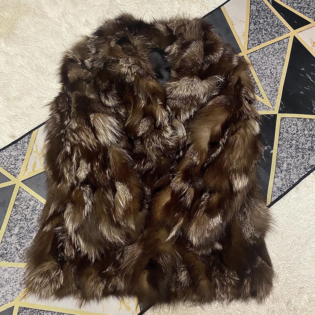 Lunghezza Totale 77cm SAGA LEATHER BOUTIQUE Spesso Voluminoso Pelo Vero Volpe Argentata Cappotto Giacca Taglia M Donna
