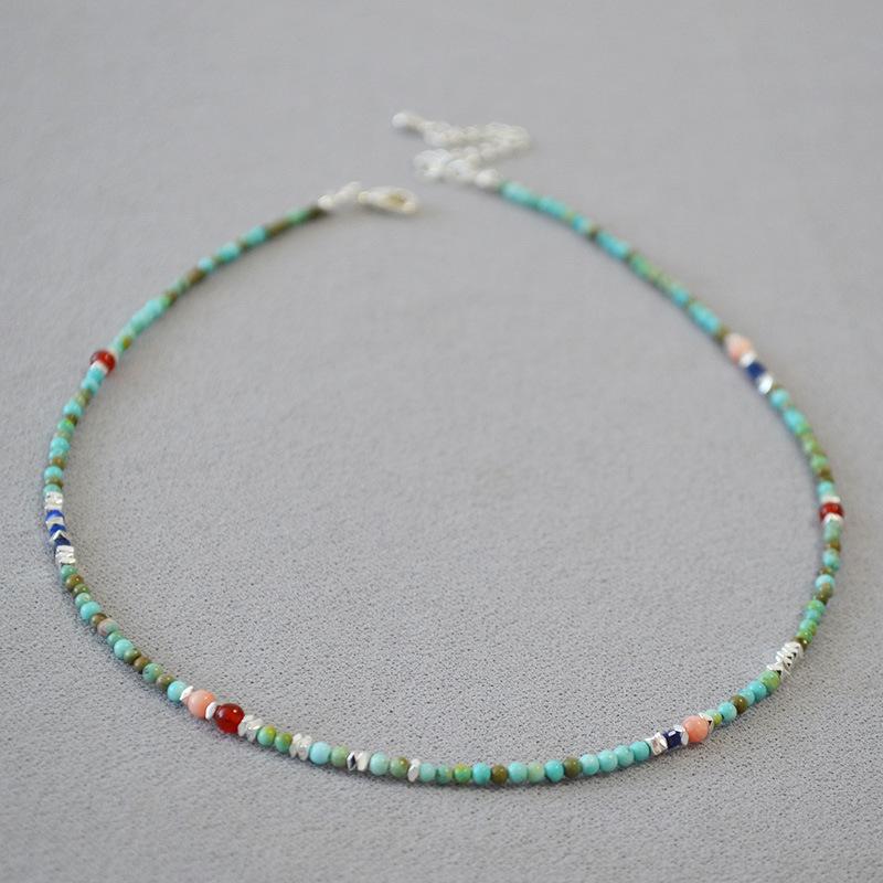 French niche design literary and retro Bohemian turquoise handmade beaded temperament extremely fine necklace collarbone chain
