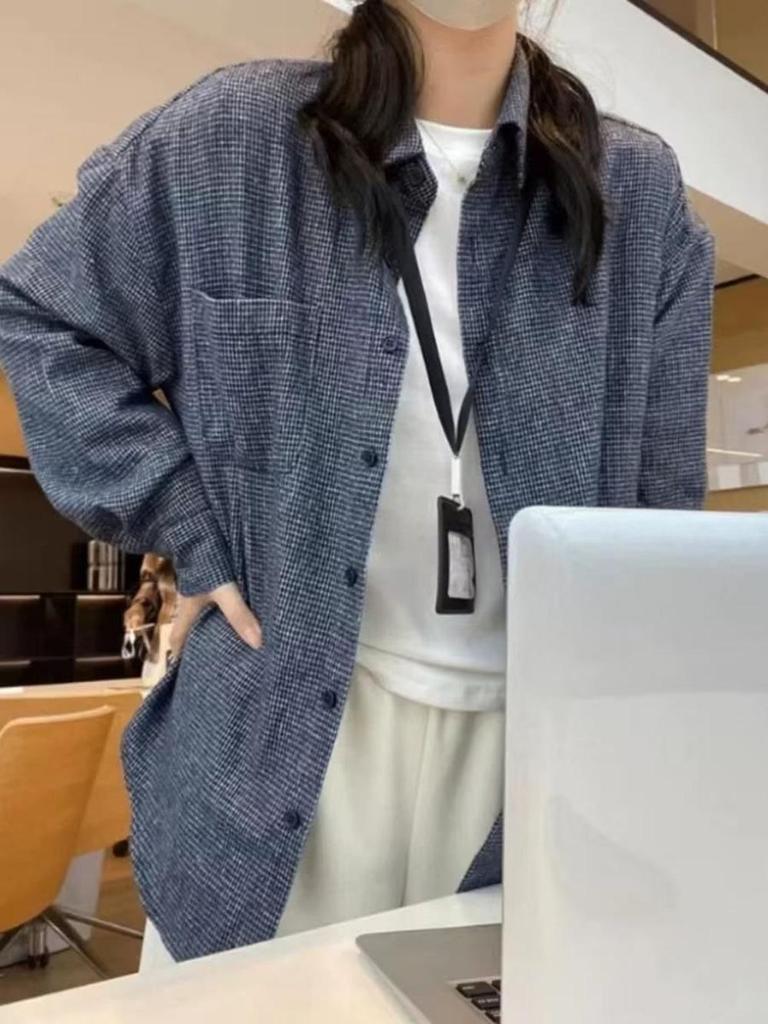 Women's Korean Blue Plaid Brushed Shirt - Loose Fit for Spring, Autumn, and Winter