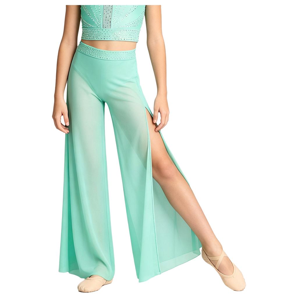 Kids Dance Competition Wear Rhinestone Waist Side Split Wide Leg Mesh Pants with Built-in Briefs for Lyrical Skating Show