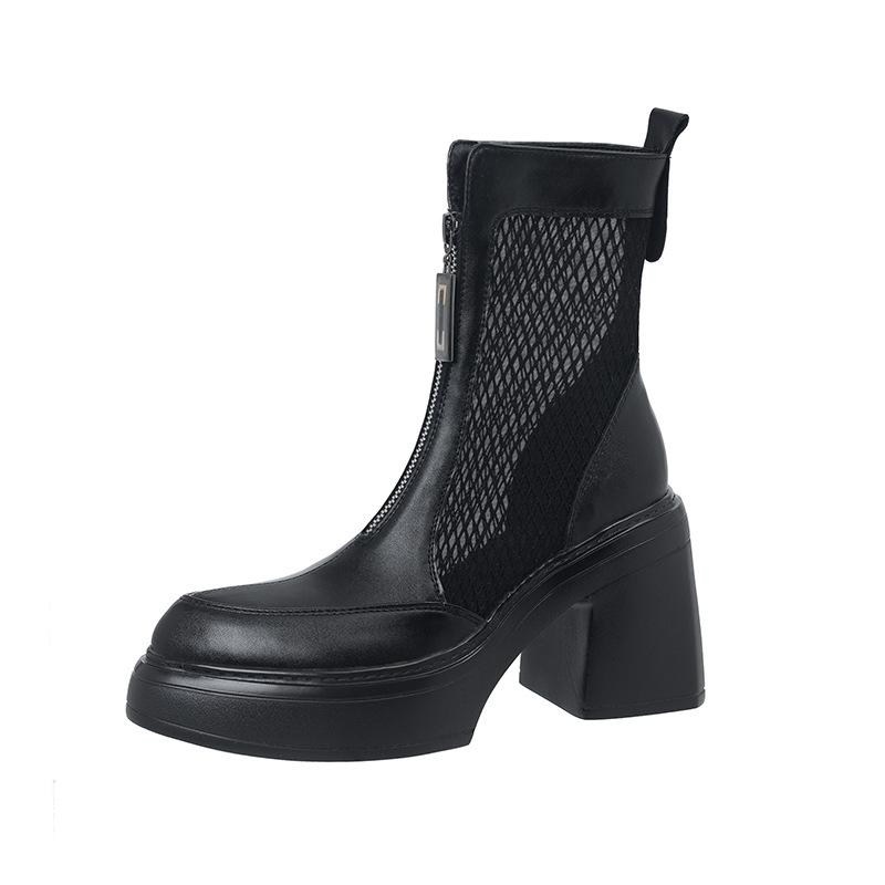 

10CM Internet celebrity new thick-soled mesh breathable leather short boots summer waterproof table thick heel front zipper cool boots Martin boots 39 чёрный