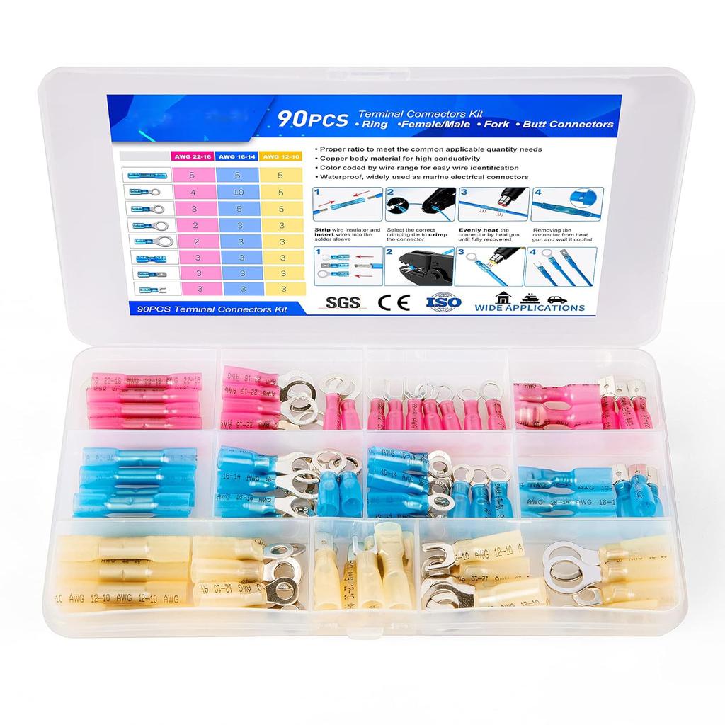 90PCS Heat Shrink Wire Connectors, Multipurpose Waterproof Electrical Wire Terminals kit, Insulated Crimp Connectors Ring Fork