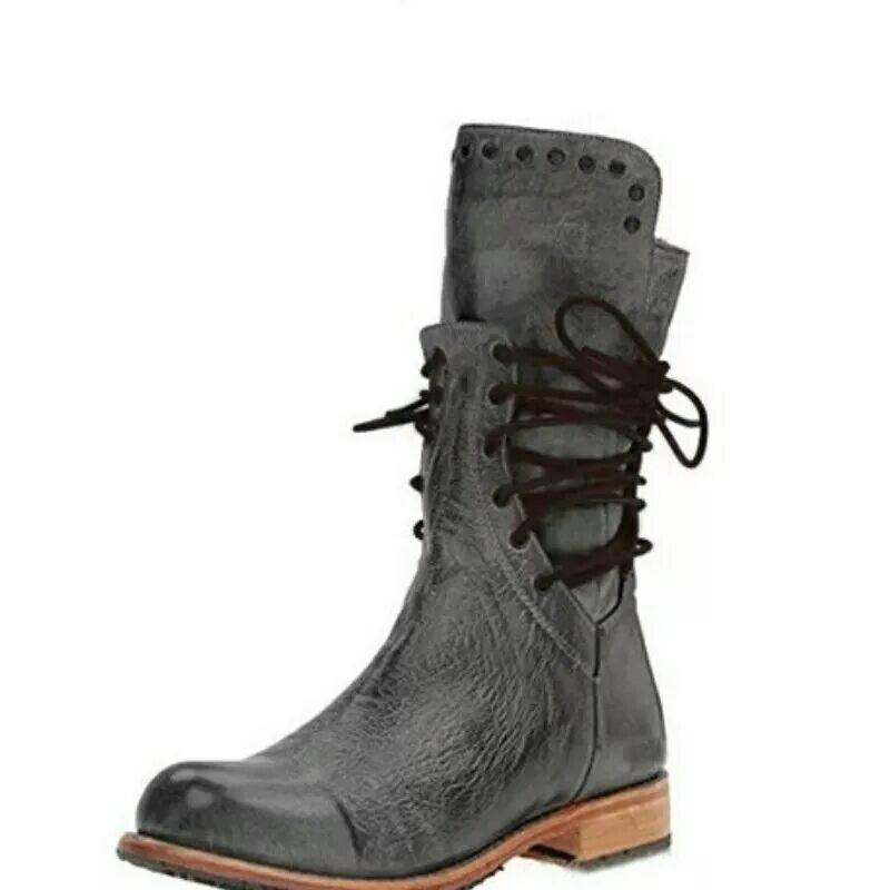 Wish Large Size Square Heel Flat Bottom Martin Boots Women's Autumn and Winter New Straps Rivet Medium Boots