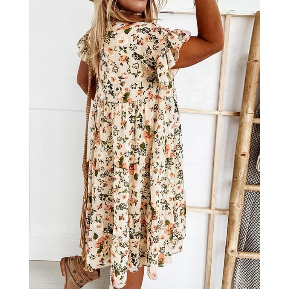 2025 Spring Summer Round Neck Flower Printed Short Sleeve Loose Dress Fashionable and Versatile Trend