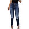 Women High Waisted Skinny Hole Denim Button Stretch Slim Pants Calf Length Jeans