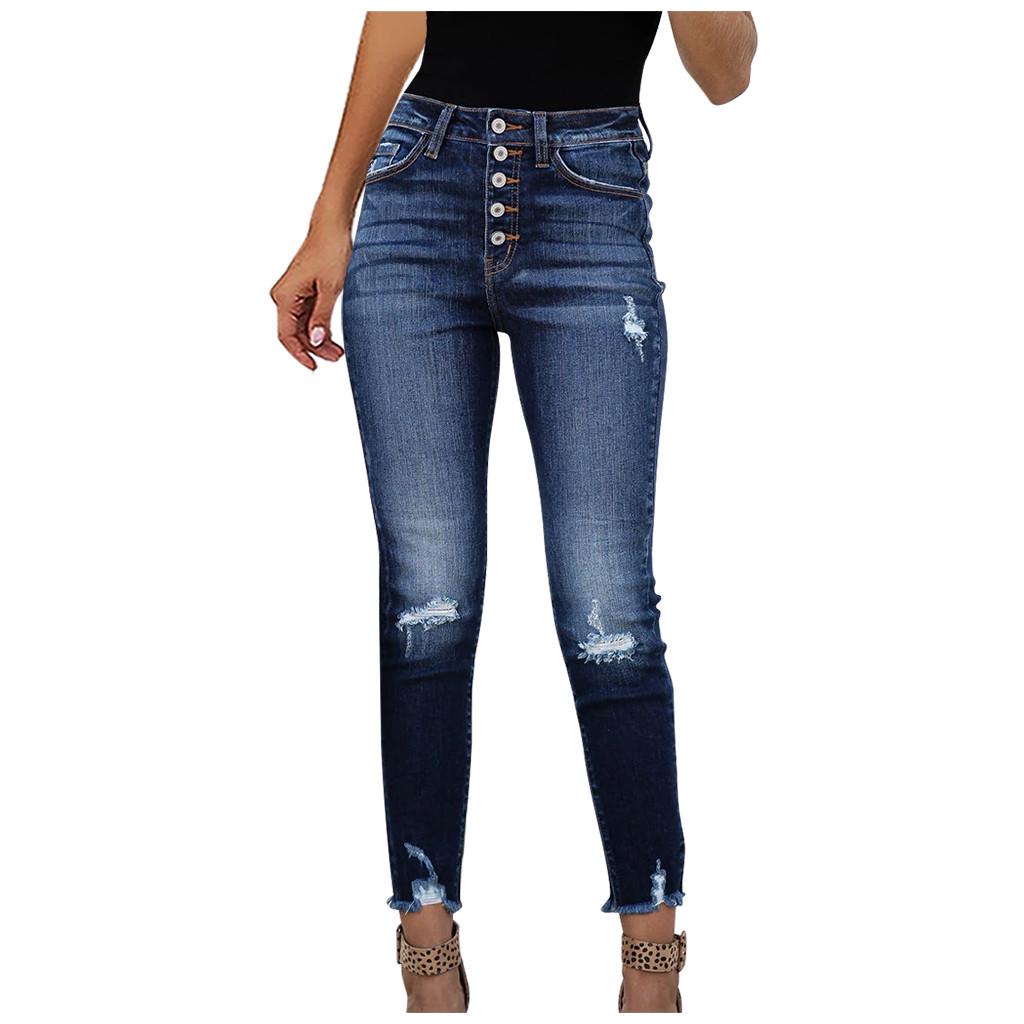 Women High Waisted Skinny Hole Denim Button Stretch Slim Pants Calf Length Jeans