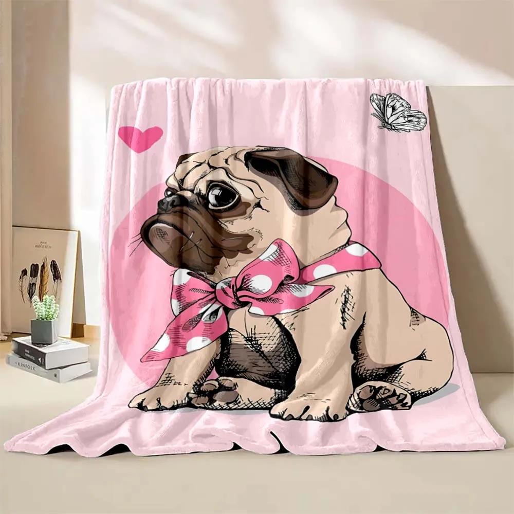 Cute Pet Dog Pug Print Throw Blanket Soft Cozy Flannel Blanket Lightweight Warm Bed Blanket for Couch Sofa Camping Office Travel