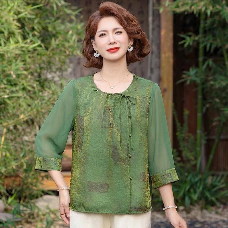 

2026 Summer New Chinese Style Mother’s Wear: Age-Defying Versatile T-Shirt for Middle-Aged and Elderly Women XL (90-110 jin) зелёный