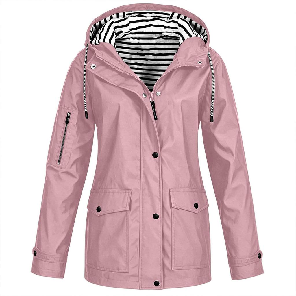 Damenmode Einfarbige Kapuzenjacke Locker Lässig Wasserdicht Outdoor Jacke Leichter Windbreaker Regenmantel für Wandern Camping