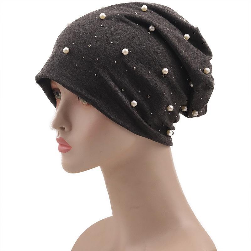 European and American women's autumn and winter new warm brimless hot diamond pearl monochrome pullover hat dome printing outdoor stacking hat