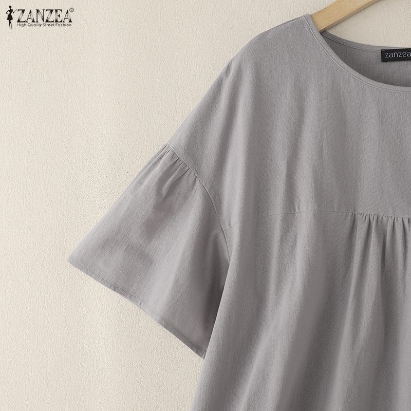 ZANZEA Damen Freizeit Rundhals Einfarbig Kurzarm Bluse