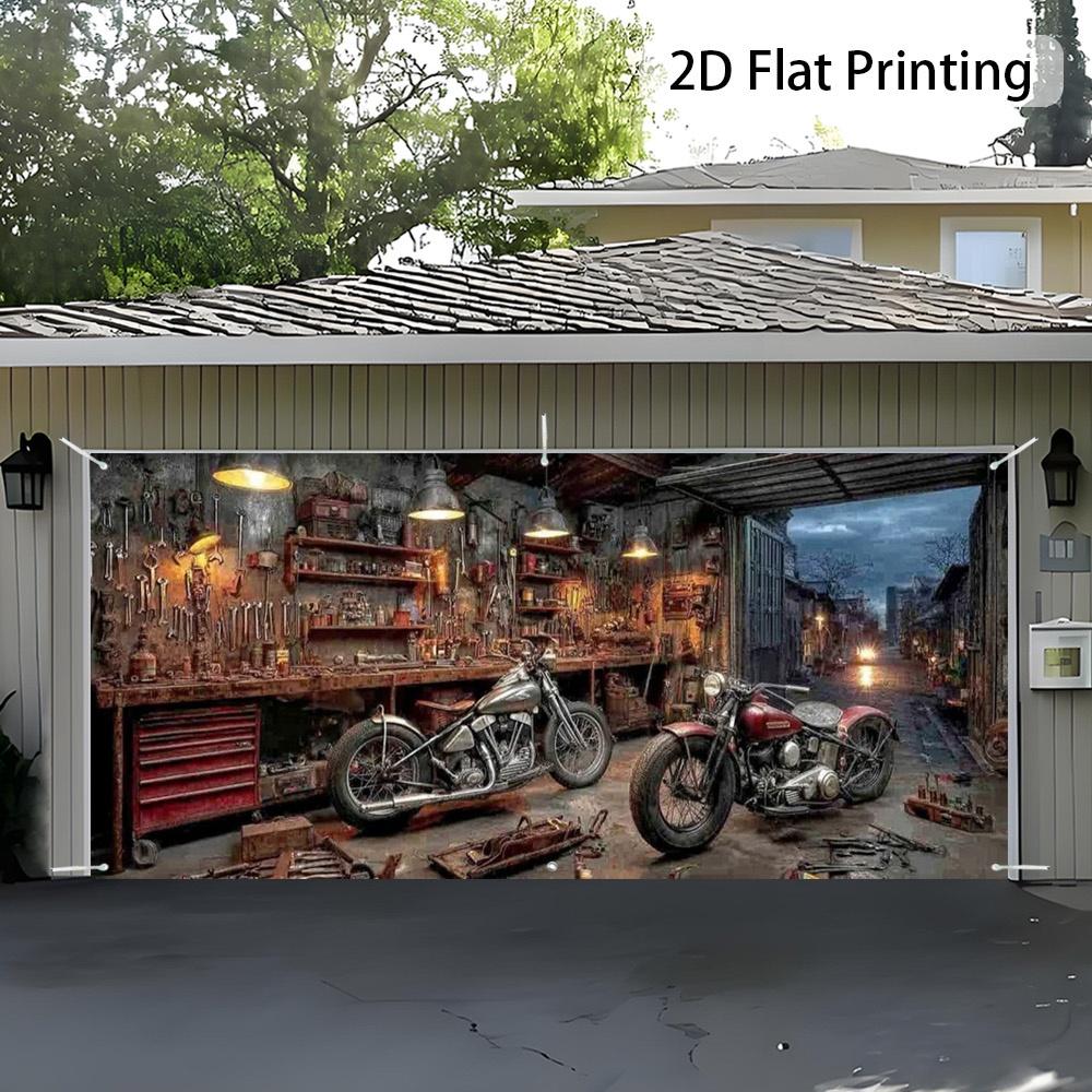 (2D plane) 1 garage door banner for a motorcycle repair workshop scene, easy to installDJH