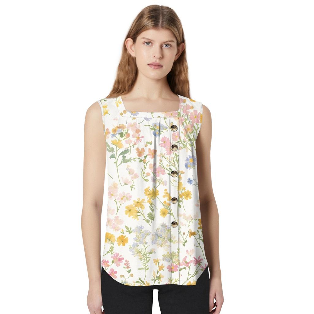 Women's Fashion Casual Basic Pleated Plain Button Square Collar Sleeveless Vest Print Summer Tank Tops